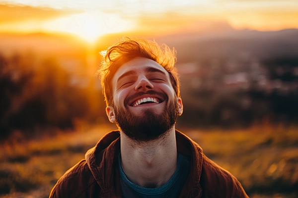 um por do sol com um homem com barba por fazer feliz e contente